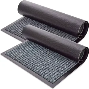 Double Ribbed Striped PVC Entrance Floor Mat, Polyester Door Mat, Black Red Grey Blue