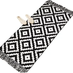 Durable Fluffy Square Anti-Slip Handmade Cushioned Polyester Rug, Black and White, Washable