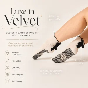 Elastic Crew Pilates Grip Socks with Ruffle, Black Bow, Custom Logo, Women’s Yoga Dance Ballet Fitness Socks
