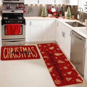 Factory Direct 2-Piece Red Christmas Kitchen Mat Set, Non-Slip, Washable, Anti-Fatigue, Eco-Friendly, Floral Print