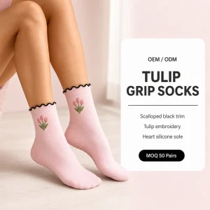 Factory Supply Floral Embroidered Anti-Slip Cotton Crew Grip Yoga Socks with Ruffle Trim for Pilates Barre Studio