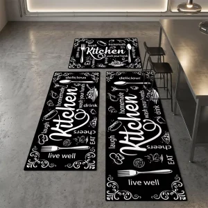 Farmhouse Style Kitchen Mats Set of 3, Stain-Resistant, Cushioned, Text and Kitchen Icons, for Kitchen and Laundry Room