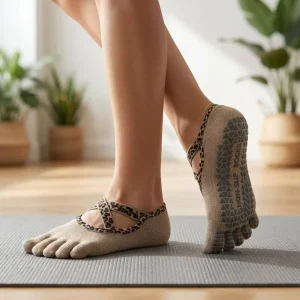 Five-Toe Non-Slip Yoga Pilates Socks for Women with Open Back Cross Strap, 85% Cotton, Barre