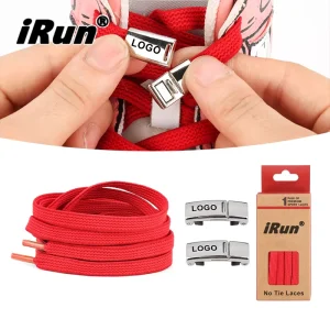 Flat Rubber No-Tie Elastic Shoelaces with Metal Magnetic Lock and Buckle, Custom Logo Print