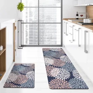 Floral Pattern PVC Square Kitchen Floor Mat Waterproof Oil-Resistant Non-Slip 1.0 cm Thick
