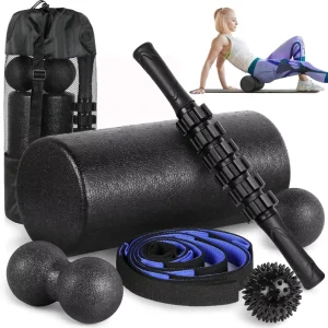 Foam Roller Set with Muscle Roller Stick, Massage Ball, and Stretching Strap for Physical Therapy