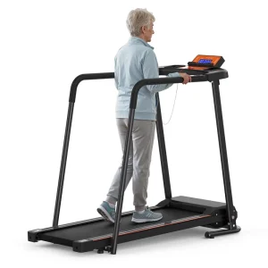 Foldable Seniors Treadmill with Long Handrails Quiet Motor Low Noise Shock Absorption LED Display Home Fitness Walking Running