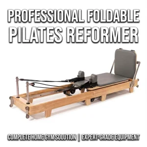 Foldable Solid Oak Pilates Reformer with Adjustable Springs for Home Gym