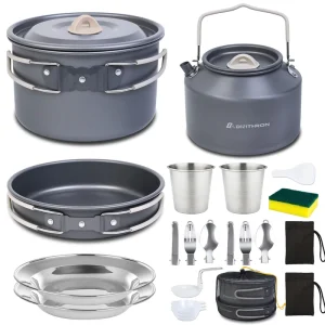 Folding Portable Aluminum Alloy Camping Cookware Set with Non-Stick Pot, Pan, Kettle, Cups, Plates, Cutlery and Mesh Bag
