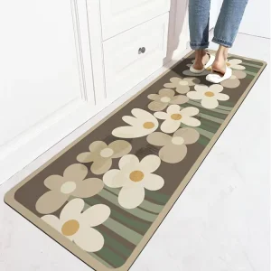 Fresh Style Polyester Kitchen Floor Mat Soft Long Strip Non Slip Water Oil Absorbent Plants and Flowers Pattern