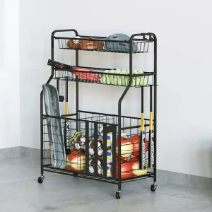 Garage Sports Equipment Organizer Rack with Baskets and Hooks