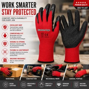 Gardening Polyester Safety Gloves with Crinkle Latex Coating, Knit Wrist Cuff, 7 oz, Anti-Slip, Anti-Static