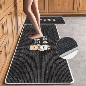 Geometric Thin Linen-Look Kitchen Floor Mat with Non-Slip Rubber Backing