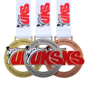 Gold, Silver and Bronze Martial Arts Medals, Zinc Alloy, Hollow Enamel, Custom Logo, with Ribbon