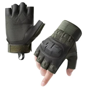 Green Khaki Microfiber Tactical Gloves, Impact-Resistant, Breathable, Half-Finger, Knuckle Protection, for Cycling and Sports