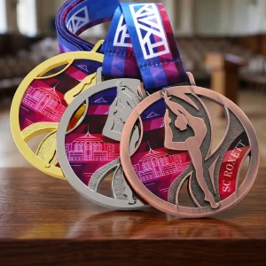 Gymnastics Competition Gold Silver Bronze Plated Enamel Die-Cut Alloy Metal Custom Logo Medals with Ribbon