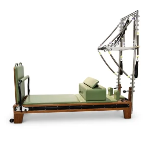 Half Tower Pilates Reformer with Trapeze, Walnut Wood Full-Rail Carriage, Adjustable Resistance