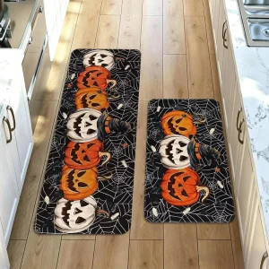 Halloween Holiday Decorative Kitchen Floor Mat Set, Oil-Absorbent and Stain-Resistant, 2-Piece