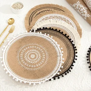 Hand-Woven Hemp Round Placemat Floral Pattern Bowl Pad Vintage Nordic Style