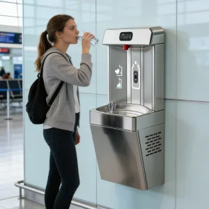 Hands-Free ADA Filtered Commercial Drinking Water Fountain with Refrigerated Bubbler for Hospitals and Schools
