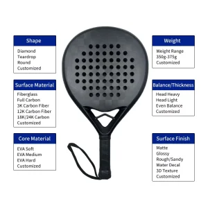 High Spin 3K 12K 18K Carbon Fiber Beach Tennis Racket with PU Leather Grip 27x26cm Face 330g Professional OEM