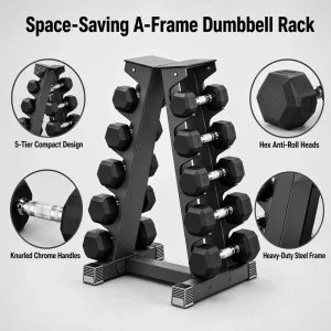 Home Gym Rubber Hex Dumbbell Set with Rack
