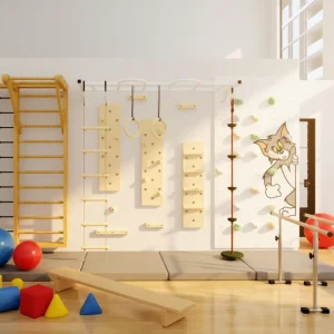 Indoor Outdoor Wall-Mounted Kids Climbing Wall Set with Monkey Bars for Playgrounds and Sensory Rooms