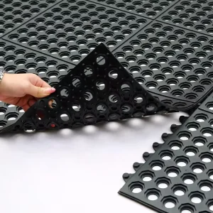 Industrial Interlocking Modular Rubber Floor Mat, 3×3, Black and Red, for Workshop and Kitchen Oil and Water Areas
