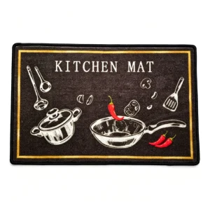 Jacquard Polyester Kitchen Floor Mat Black Cookware Chili Print Anti-Slip Washable Doormat