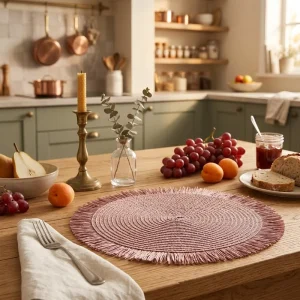 Japanese-Style Solid Round Paper Straw Knitted Place Mat with Tassels for Home Wedding or Banquet