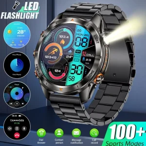 KT80 Smart Watch Men 10ATM Waterproof 1.46″ AMOLED Screen LED Flashlight 515mAh Battery Heart Rate Sports BT Call Silica Gel