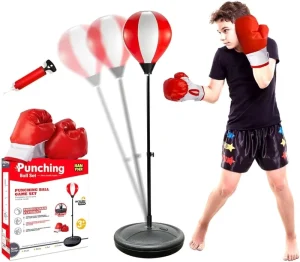 Kids Freestanding Pedestal Punching Bag Adjustable Reflex Ball PU Leather Steel Tube Sand/Water-Filled