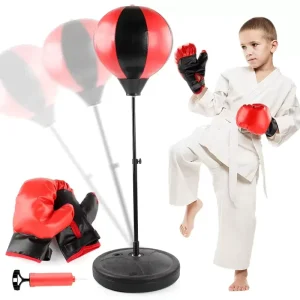 Kids Vertical Boxing Speed Ball Stand with Height-Adjustable Punching Ball and Gloves
