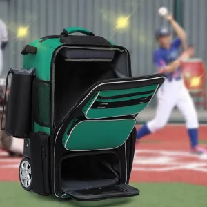 Large Baseball and Softball Equipment Storage Bag with Shoe Compartment, Rolling Wheels