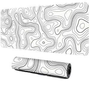 Large Black Mousepad 31.5 x 11.8 in with White Topographic Lines, Anti-Slip Rubber Base