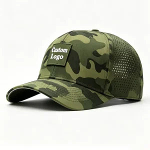 Laser-Cut Camo Performance Golf Hat Breathable Baseball Cap with Rubber Patch Waterproof Quick-Dry