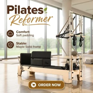 MJD W23A Maple Wood Pilates Reformer with Half Tower Adjustable Portable for Commercial Studio Training