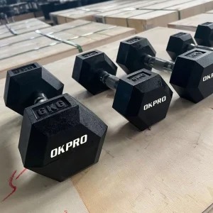 Manufacturer Custom Logo Gym Equipment Free Weight Rubber Hex Dumbbell Set with Rack