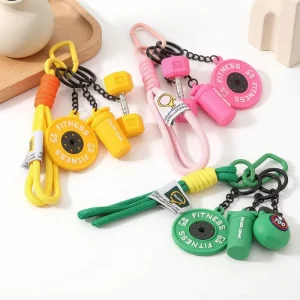Mini Dumbbell Weight Plate Water Bottle Keychain Charm with Woven Rope Carabiner