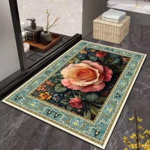 Modern Floral Pattern Eco-Friendly Polyester Oval 3.5mm Thick Rubber Non-Slip Kitchen Bathroom Home Floor Mat High Water