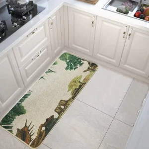 Modern Floral Patterned Non-Skid Linen Kitchen Mat, Washable and Cushioned