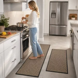 Modern Polyester Kitchen Floor Mat 2-Piece Set Non-Slip Rubber Backing 2-in-1 Design