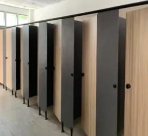 Modern Solid HPL Compact Laminate Toilet Cubicle System, Wood Grain Shower Partition for Gym