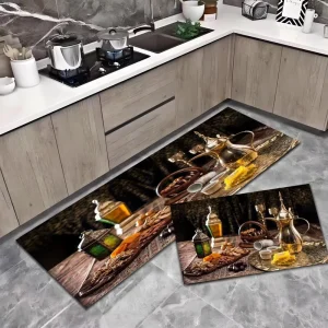 Modern Style Polyester Kitchen Mat Rug Cushioned Non Slip Stain Resistant Reversible Features Customized