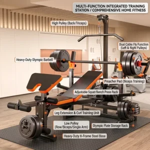 Multi-Function Adjustable Weight Bench Press Rack with Lat Pulldown, Preacher Curl and Leg Developer for Home Gym Strength Training