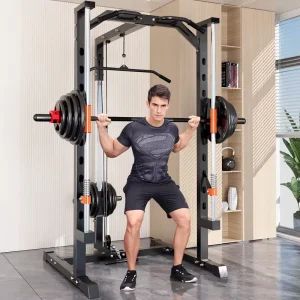 Multi-Function Gym Station Smith Machine Cable Power Rack with Lat Pulldown, Low Row, and Functional Trainer