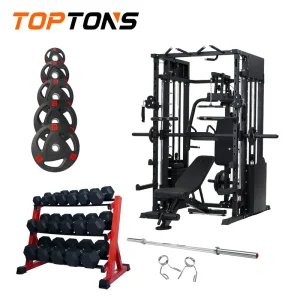 Multi-Functional Smith Power Cage Workout Set with Hex Dumbbells, Storage Rack, Weight Bench, Weight Plates, and Barbell