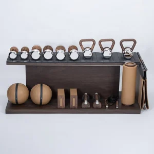 Multi-Piece Dumbbell and Kettlebell Set with Wood Stainless Steel and Leather for Home or Commercial Gym