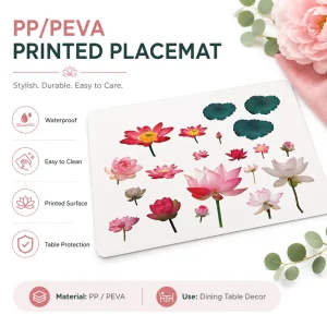 Multicolor Lotus Leaf Printed PP/PEVA Placemat Waterproof Easy-Clean Oriental Floral Dining Table Protector Mat