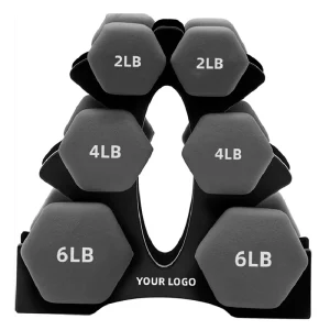Multicolored Vinyl Black Neoprene Rubber Hex Dumbbell Set with Rack